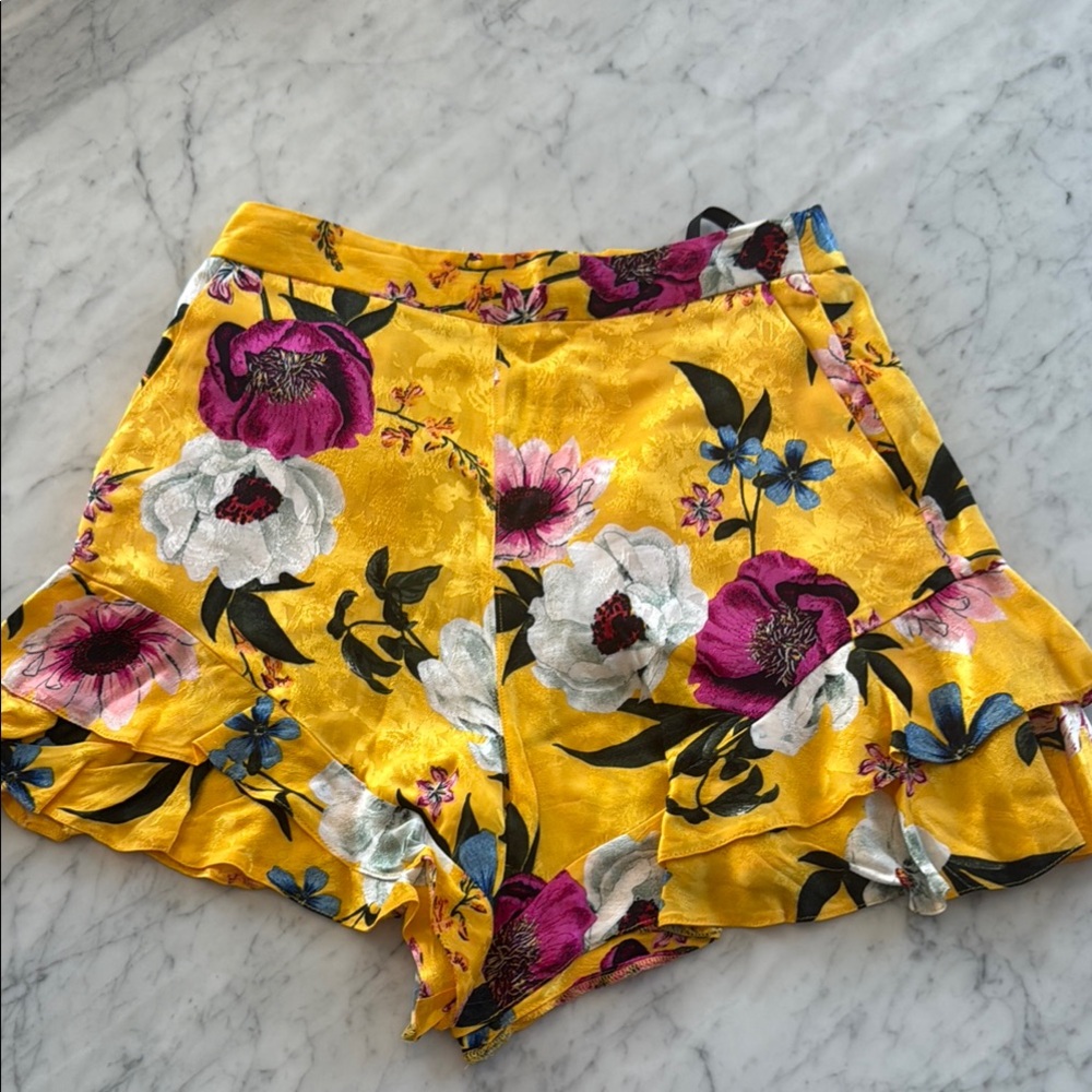 Topshop Yellow and Pink Bermuda Shorts with Ruffled Hem